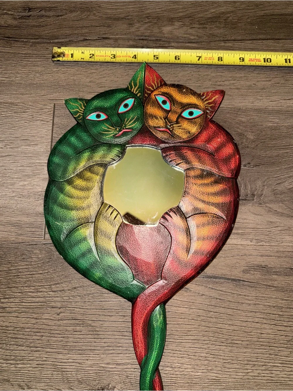 Vintage Two Cats Accent Wall Hand Mirror 16 in Multicolor Painted Wood Frame